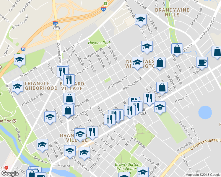 map of restaurants, bars, coffee shops, grocery stores, and more near 2910 North Jefferson Street in Wilmington