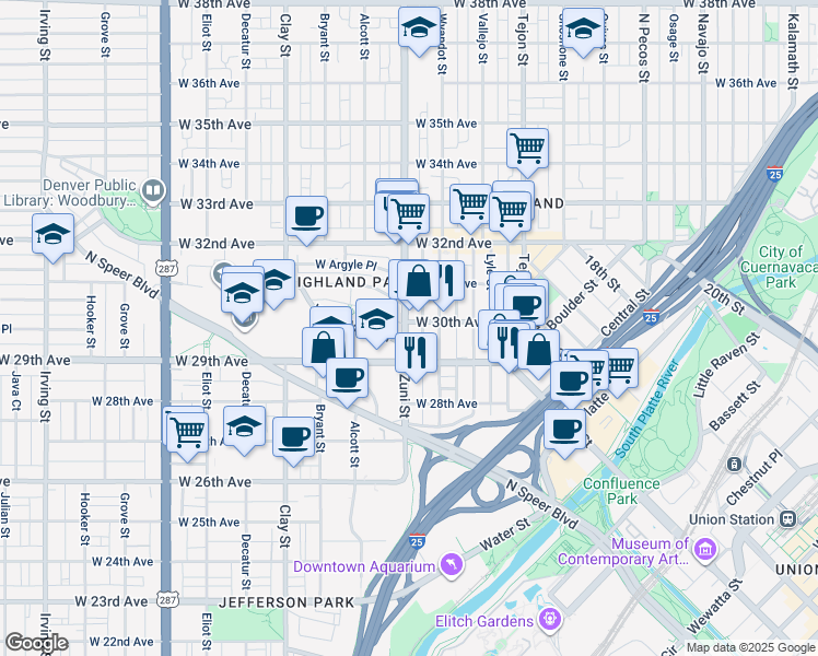 map of restaurants, bars, coffee shops, grocery stores, and more near 2944 Zuni Street in Denver