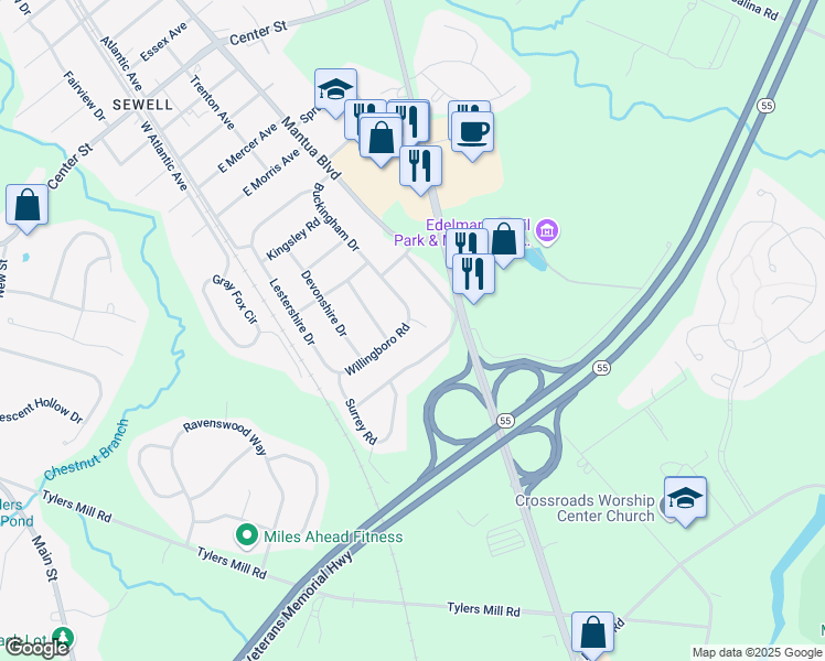 map of restaurants, bars, coffee shops, grocery stores, and more near 957 Mantua Boulevard in Gloucester County