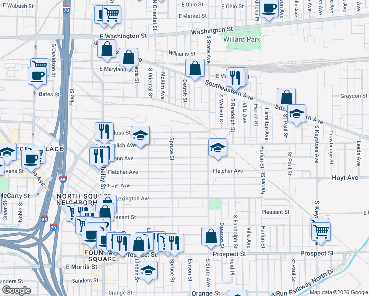 map of restaurants, bars, coffee shops, grocery stores, and more near 1524 Spann Avenue in Indianapolis