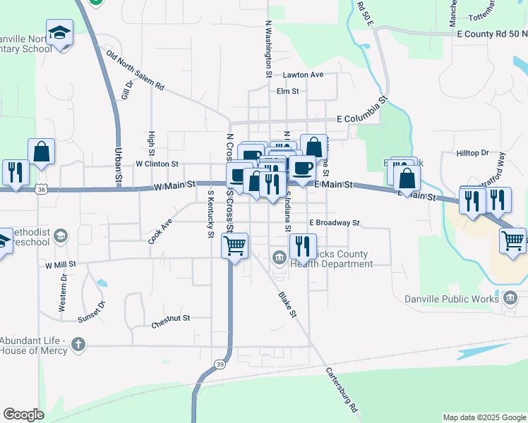 map of restaurants, bars, coffee shops, grocery stores, and more near 52 West Broadway Street in Danville
