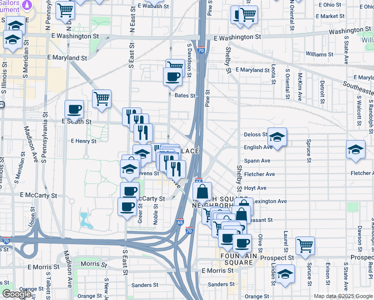 map of restaurants, bars, coffee shops, grocery stores, and more near 735 Lexington Avenue in Indianapolis