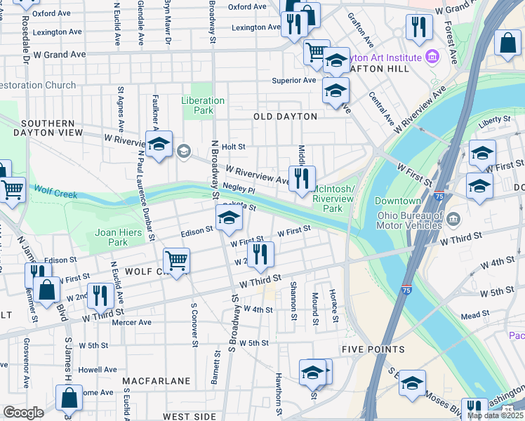 map of restaurants, bars, coffee shops, grocery stores, and more near 229 North Williams Street in Dayton