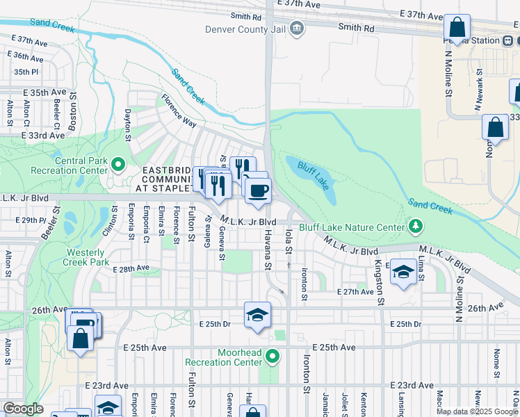 map of restaurants, bars, coffee shops, grocery stores, and more near 10462 East 29th Drive in Denver