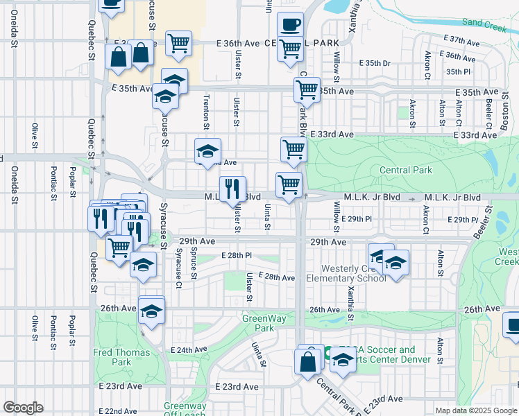 map of restaurants, bars, coffee shops, grocery stores, and more near 8146 East 29th Place in Denver