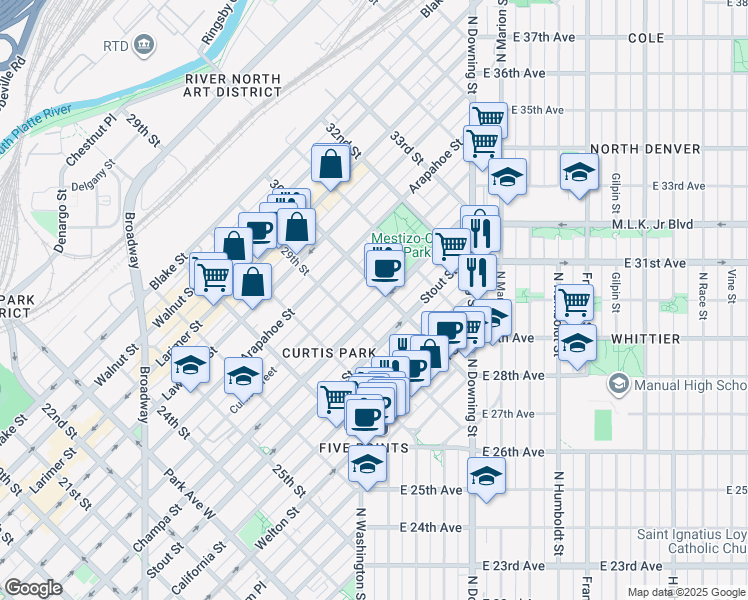 map of restaurants, bars, coffee shops, grocery stores, and more near 2930 Champa Street in Denver