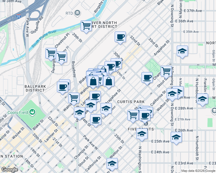 map of restaurants, bars, coffee shops, grocery stores, and more near in Denver