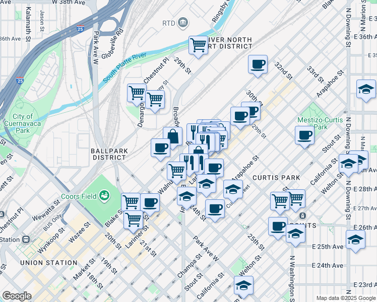 map of restaurants, bars, coffee shops, grocery stores, and more near 2555 Walnut Street in Denver
