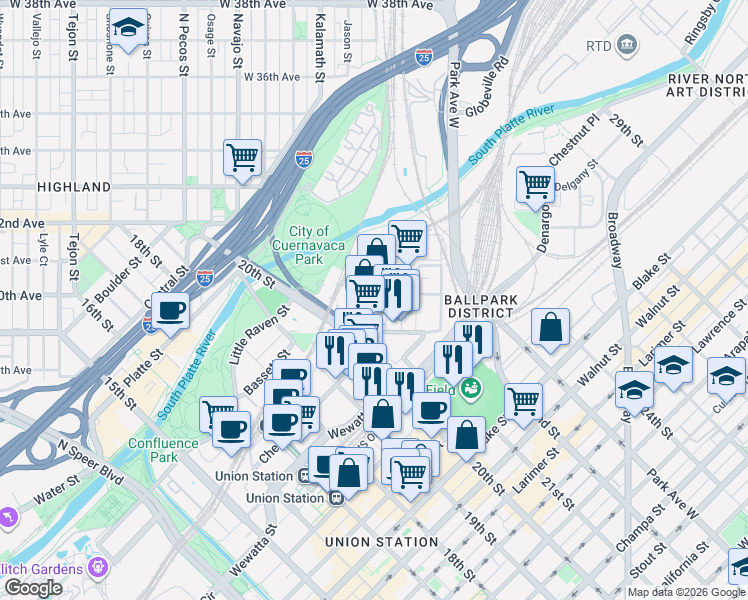 map of restaurants, bars, coffee shops, grocery stores, and more near 2935 Inca Street in Denver
