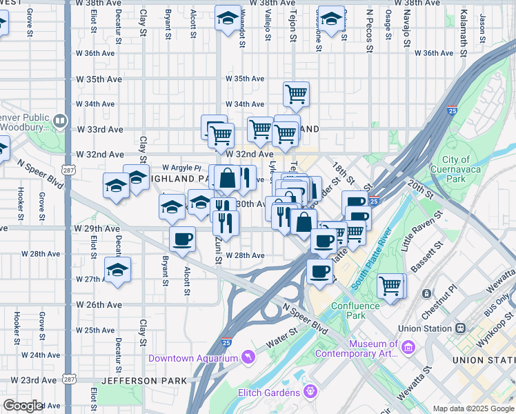 map of restaurants, bars, coffee shops, grocery stores, and more near 2205 West 29th Avenue in Denver