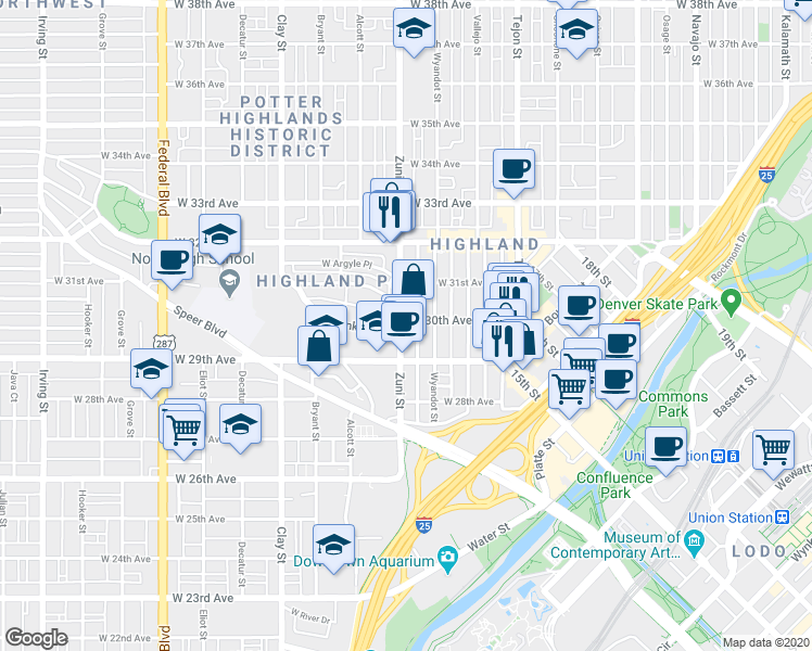 map of restaurants, bars, coffee shops, grocery stores, and more near 2925 Wyandot Street in Denver