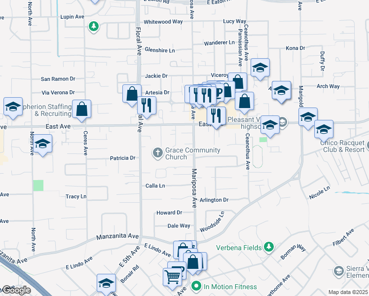 map of restaurants, bars, coffee shops, grocery stores, and more near 3 Jenny Way in Chico