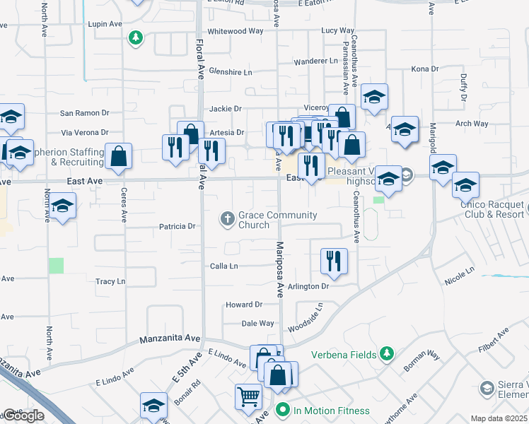 map of restaurants, bars, coffee shops, grocery stores, and more near 3 Jenny Way in Chico