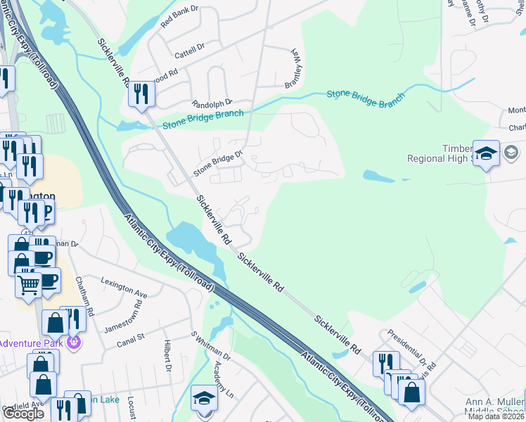 map of restaurants, bars, coffee shops, grocery stores, and more near 1604 Walden Court in Sicklerville