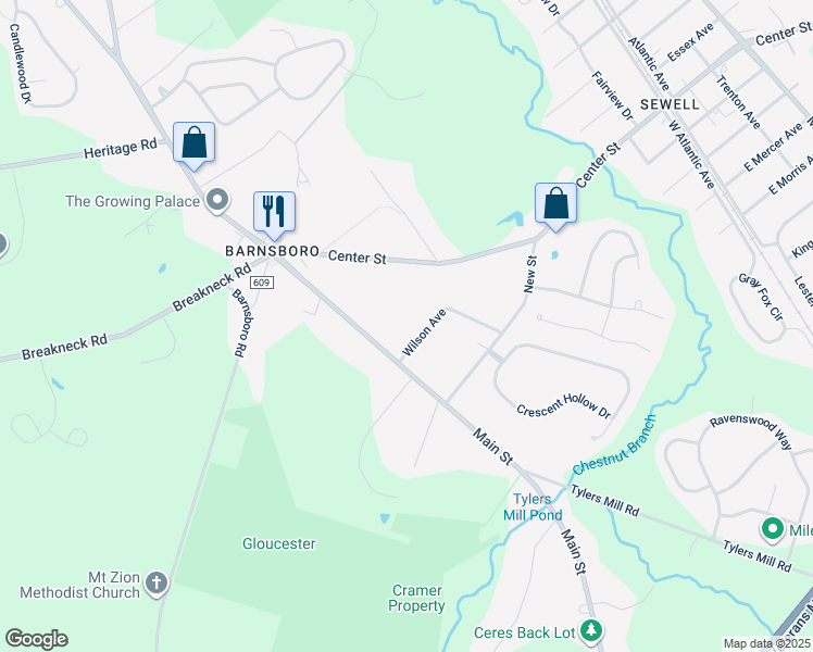 map of restaurants, bars, coffee shops, grocery stores, and more near 106 Wilson Avenue in Gloucester County