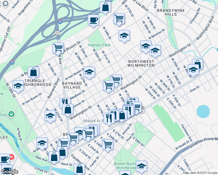 map of restaurants, bars, coffee shops, grocery stores, and more near 315 West 29th Street in Wilmington