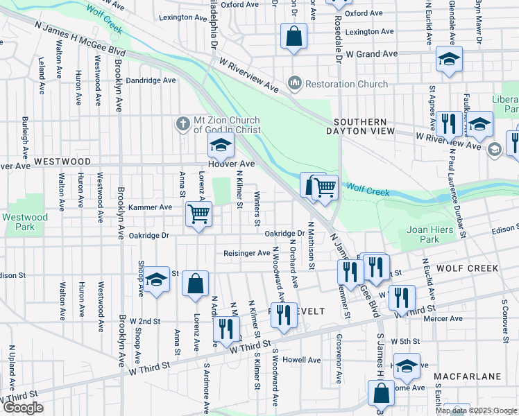 map of restaurants, bars, coffee shops, grocery stores, and more near 429 North Woodward Avenue in Dayton