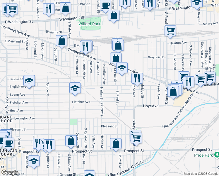 map of restaurants, bars, coffee shops, grocery stores, and more near 2114 Spann Avenue in Indianapolis
