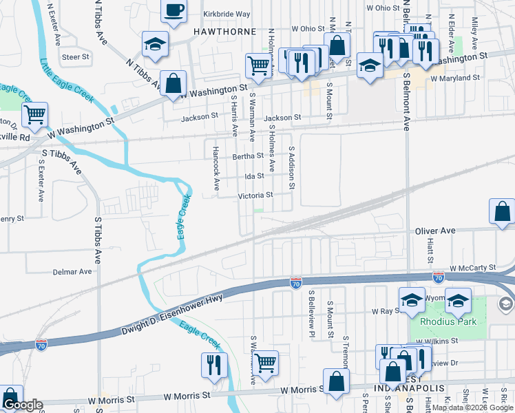 map of restaurants, bars, coffee shops, grocery stores, and more near 546 South Warman Avenue in Indianapolis