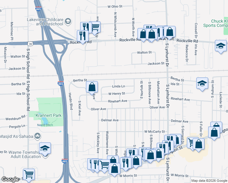 map of restaurants, bars, coffee shops, grocery stores, and more near 5607 West Henry Street in Indianapolis