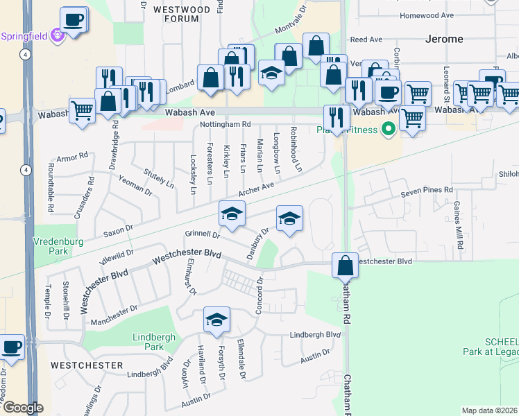 map of restaurants, bars, coffee shops, grocery stores, and more near 92 Danbury Drive in Springfield