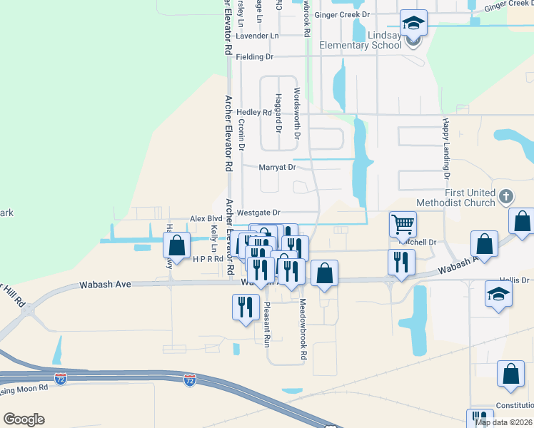 map of restaurants, bars, coffee shops, grocery stores, and more near 4130 Westgate Drive in Springfield