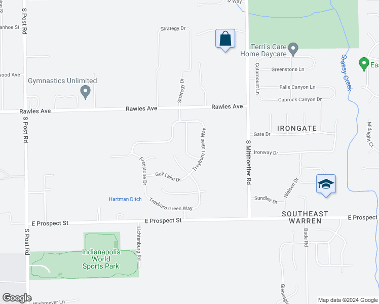 map of restaurants, bars, coffee shops, grocery stores, and more near 725 Sweet Creek Drive in Indianapolis