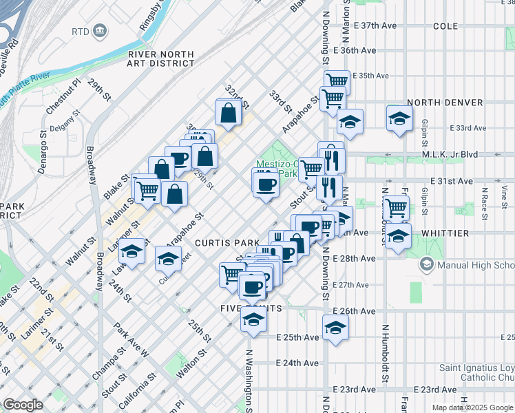 map of restaurants, bars, coffee shops, grocery stores, and more near 2930 Champa Street in Denver