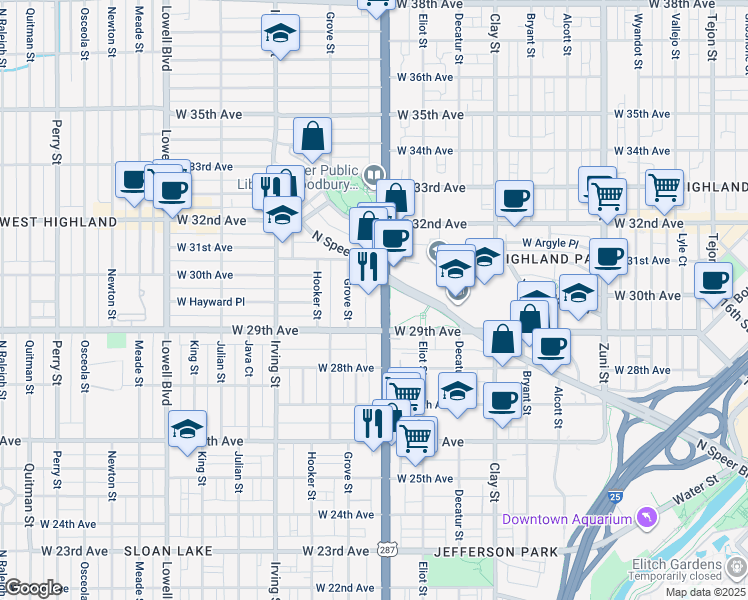 map of restaurants, bars, coffee shops, grocery stores, and more near in Denver