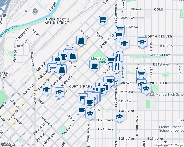 map of restaurants, bars, coffee shops, grocery stores, and more near 2951 Champa Street in Denver