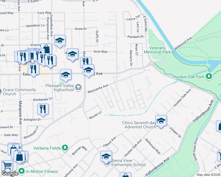 map of restaurants, bars, coffee shops, grocery stores, and more near 1595 Manzanita Avenue in Chico