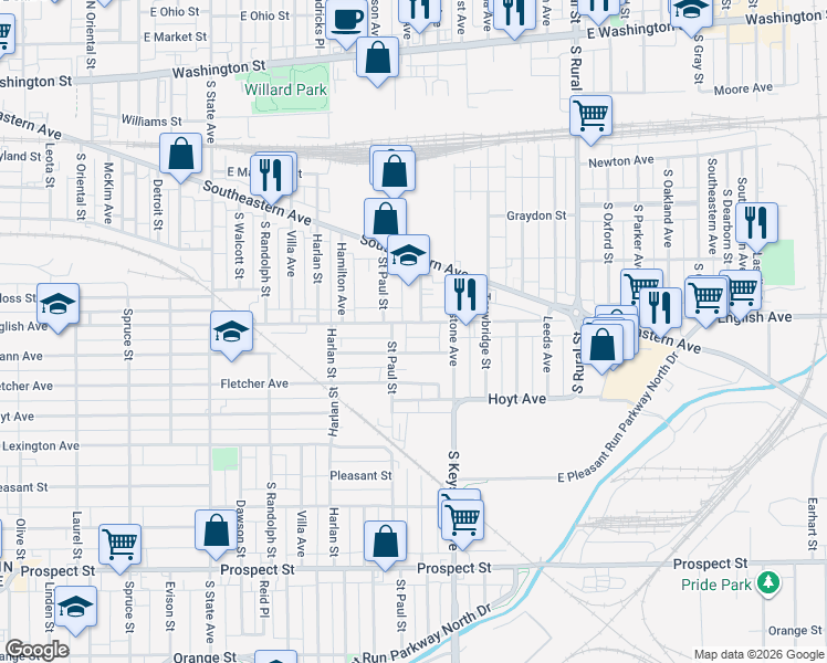 map of restaurants, bars, coffee shops, grocery stores, and more near 2338 Spann Avenue in Indianapolis