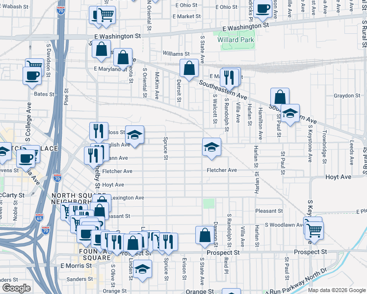 map of restaurants, bars, coffee shops, grocery stores, and more near 1524 Spann Avenue in Indianapolis