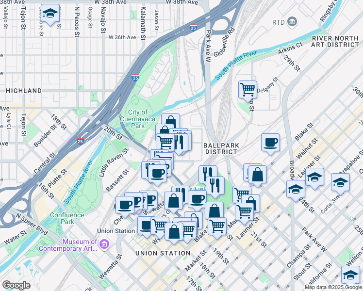 map of restaurants, bars, coffee shops, grocery stores, and more near 2925 Huron Street in Denver