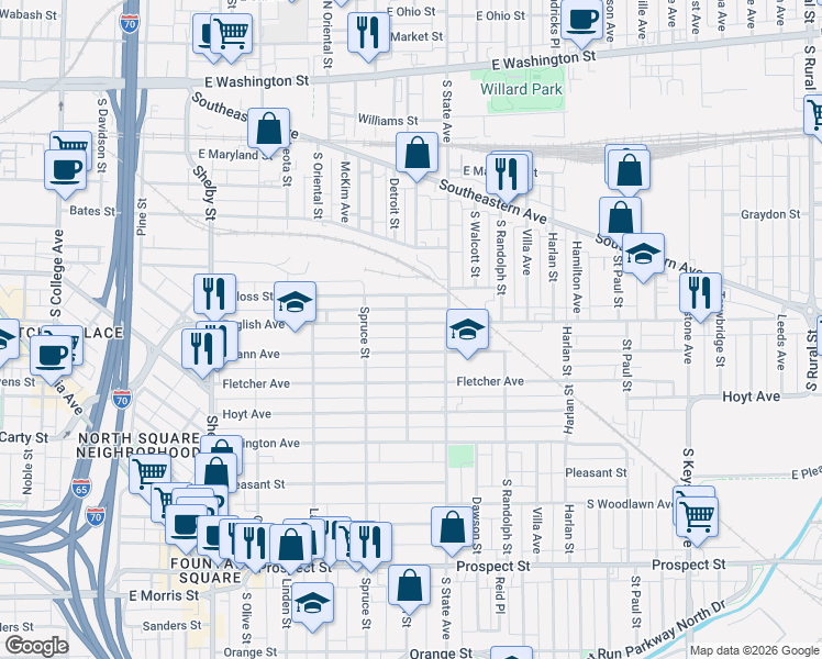 map of restaurants, bars, coffee shops, grocery stores, and more near 1628 Spann Avenue in Indianapolis