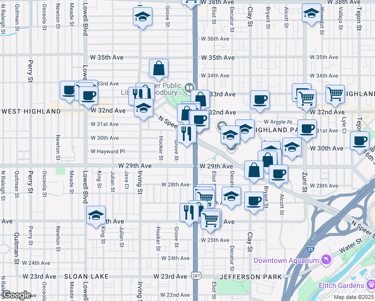 map of restaurants, bars, coffee shops, grocery stores, and more near in Denver