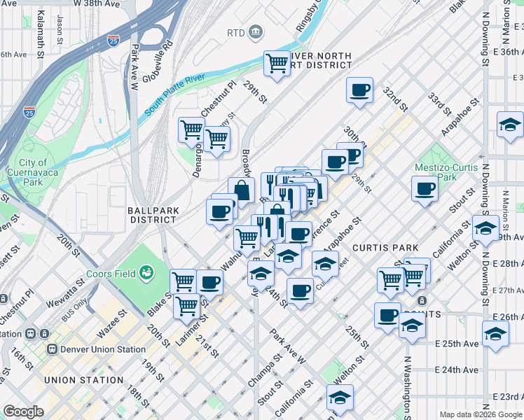 map of restaurants, bars, coffee shops, grocery stores, and more near 2555 Walnut Street in Denver