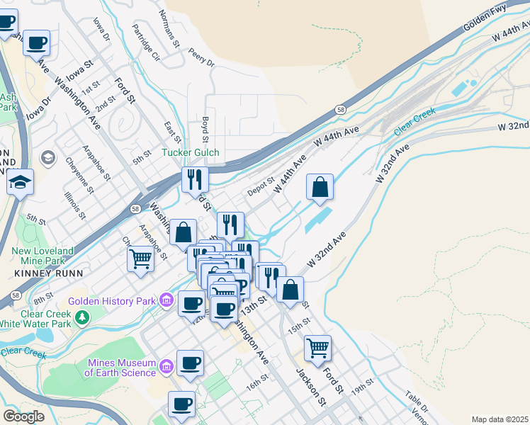 map of restaurants, bars, coffee shops, grocery stores, and more near 311 10th Street in Golden
