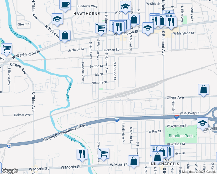 map of restaurants, bars, coffee shops, grocery stores, and more near 529 South Holmes Avenue in Indianapolis