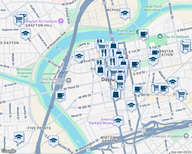 map of restaurants, bars, coffee shops, grocery stores, and more near 200 West 2nd Street in Dayton