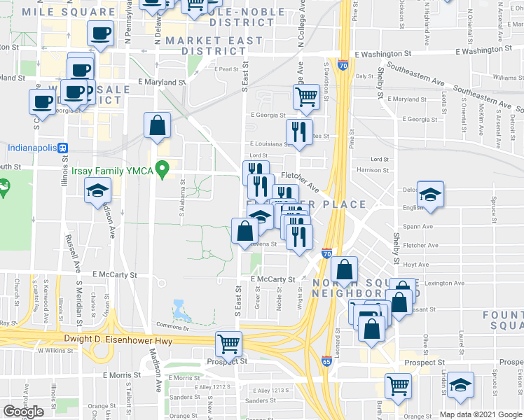 map of restaurants, bars, coffee shops, grocery stores, and more near 501 Virginia Avenue in Indianapolis