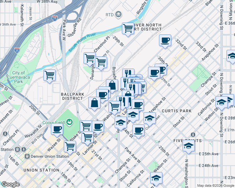 map of restaurants, bars, coffee shops, grocery stores, and more near North Broadway in Denver