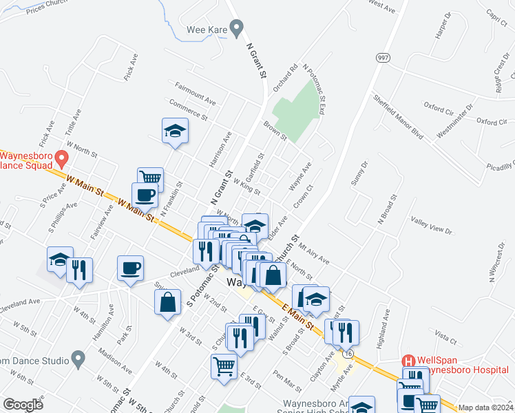 map of restaurants, bars, coffee shops, grocery stores, and more near 136 North Potomac Street in Waynesboro