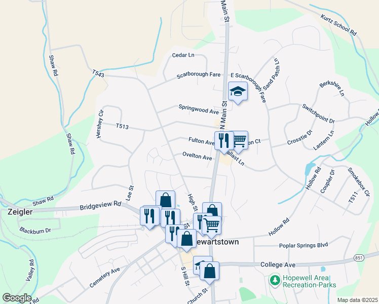 map of restaurants, bars, coffee shops, grocery stores, and more near 17 Ovelton Avenue in Stewartstown
