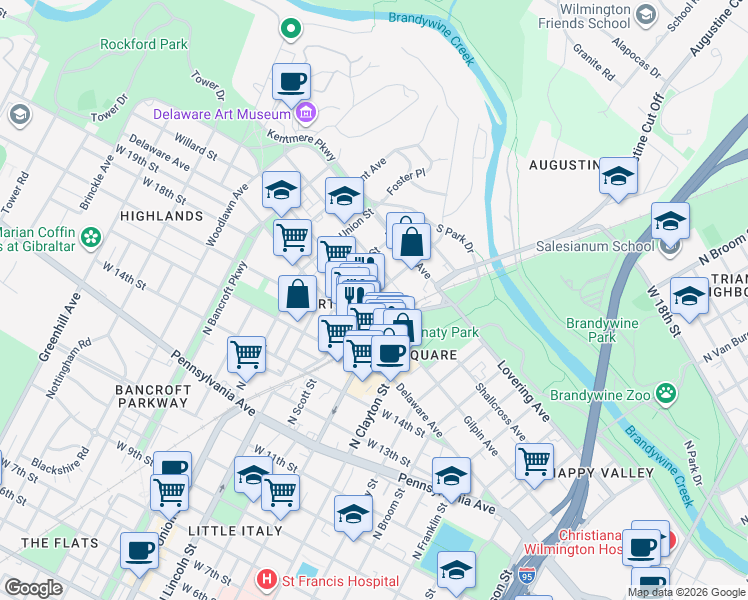 map of restaurants, bars, coffee shops, grocery stores, and more near 1712 Gilpin Avenue in Wilmington