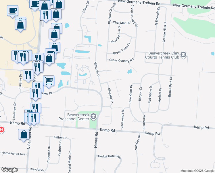 map of restaurants, bars, coffee shops, grocery stores, and more near 2931 Niagara Drive in Dayton