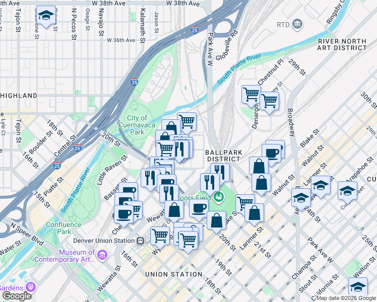 map of restaurants, bars, coffee shops, grocery stores, and more near 3000 Huron Street in Denver