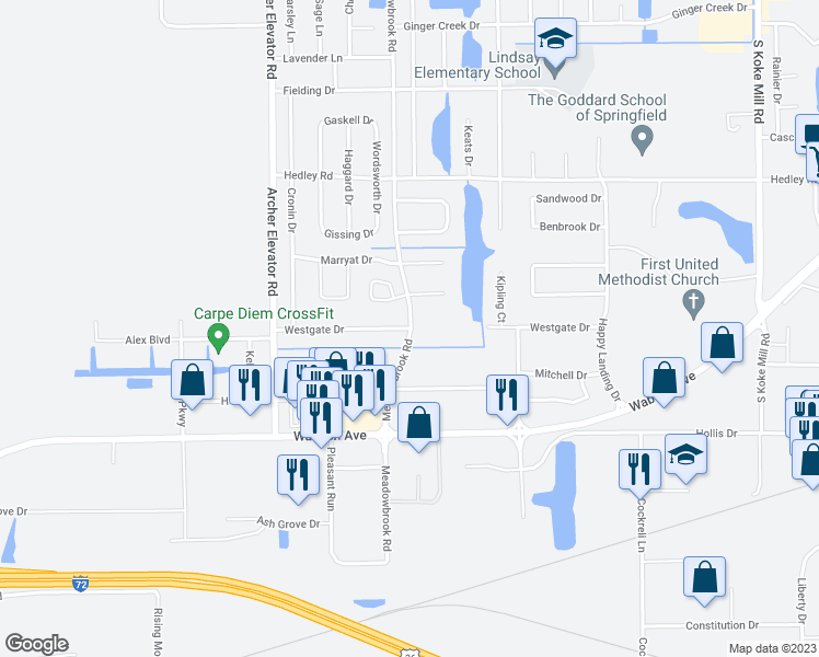 map of restaurants, bars, coffee shops, grocery stores, and more near 4200 Westgate Drive in Springfield