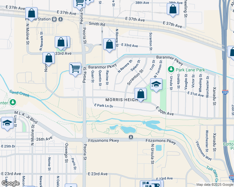 map of restaurants, bars, coffee shops, grocery stores, and more near 12526 East 30th Avenue in Aurora