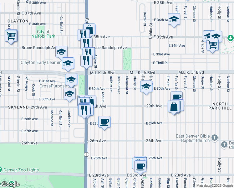 map of restaurants, bars, coffee shops, grocery stores, and more near 2969 Birch Street in Denver